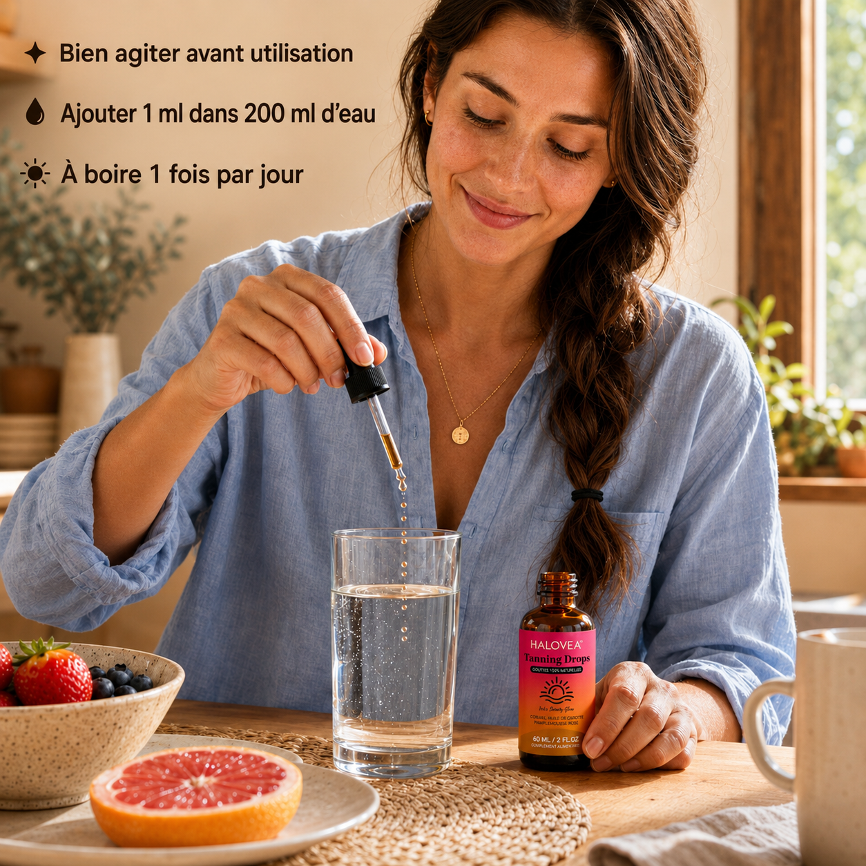 Gouttes autobronzantes à boire 60 ml | HALOVEA™, une routine simple à intégrer dans une boisson pour accompagner un teint hâlé et lumineux.