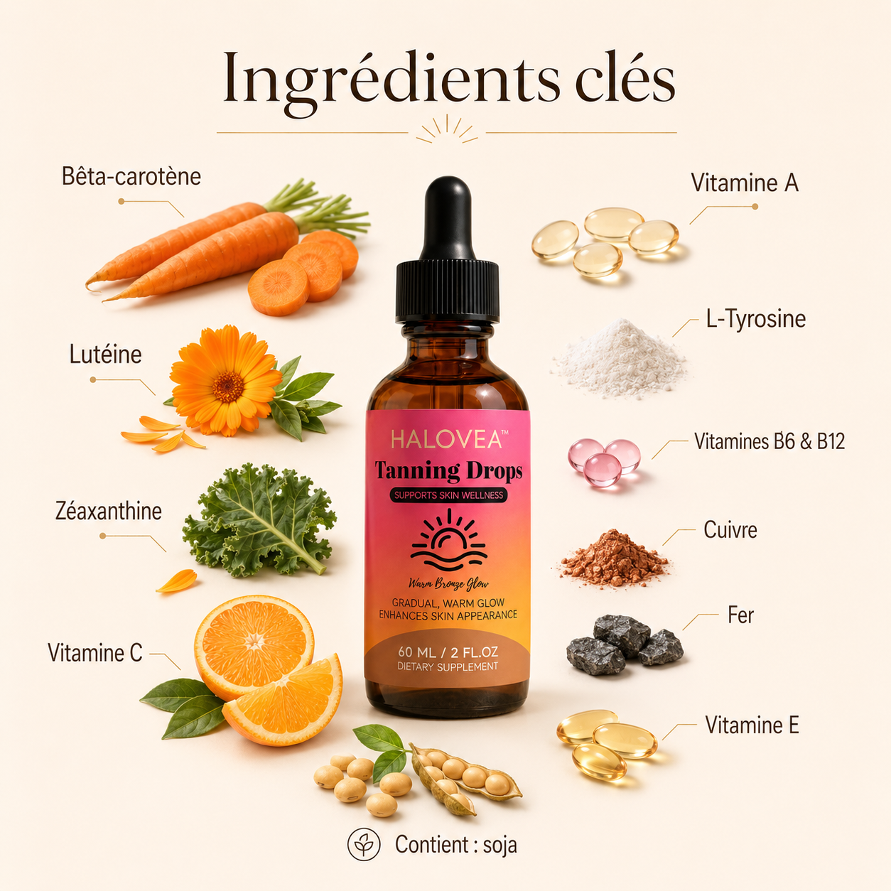 Gouttes autobronzantes à boire 60 ml | HALOVEA™, une routine simple à intégrer dans une boisson pour accompagner un teint hâlé et lumineux.